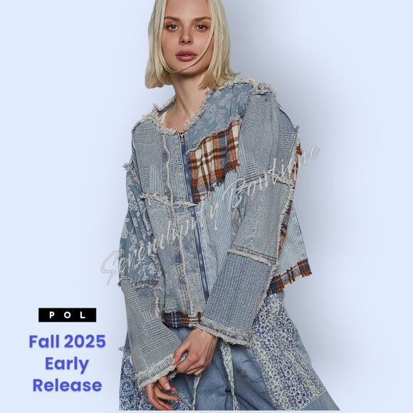 POL Distressed Grunge Denim Flanel Plaid Floral Patch Zipper Front Jean Jacket - Picture 7 of 10